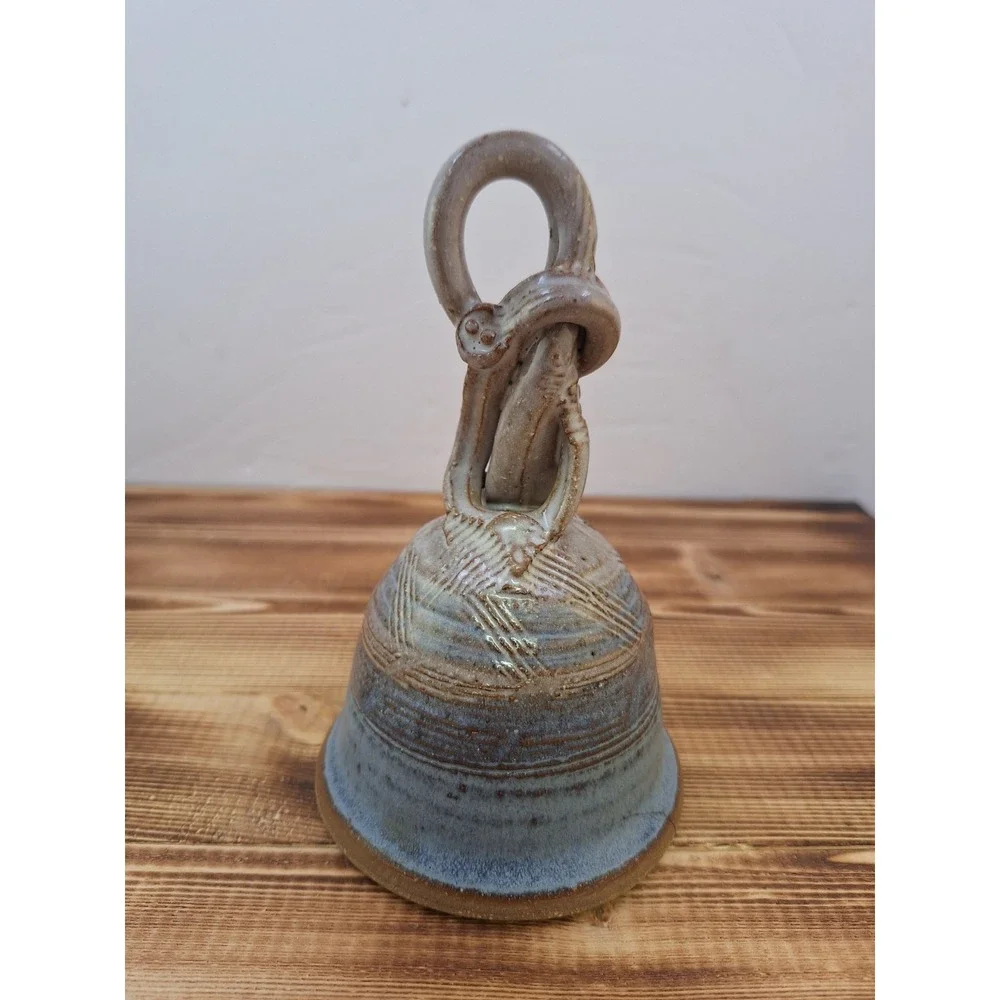 Signed Art Pottery Bell with loop handle Blues, grays  Vintage‎ 6